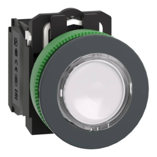 Illuminated push button, Harmony XB5, plastic, white, 30mm, universal LED, 1NO + 1NC, 110...120V AC - Schneider Electric - XB5FW31G5