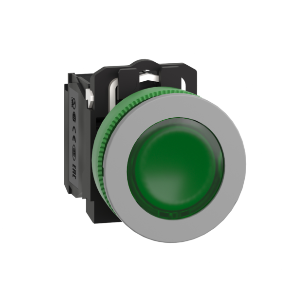 Illuminated push button, Harmony XB5, grey bezel, green flush mounted, 30mm, universal LED, 1NO + 1NC, 24V AC - Schneider Electric - XB5FW33B5C0