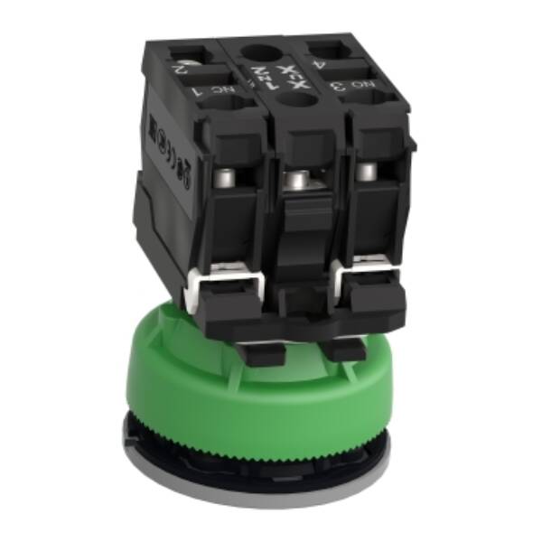 Illuminated push button, Harmony XB5, grey bezel, green flush mounted, 30mm, universal LED, 1NO + 1NC, 24V AC - Schneider Electric - XB5FW33B5C0