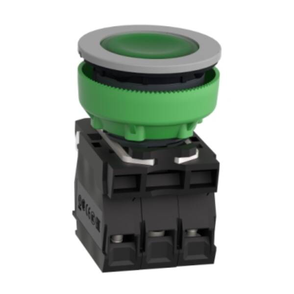 Illuminated push button, Harmony XB5, grey bezel, green flush mounted, 30mm, universal LED, 1NO + 1NC, 120V AC - Schneider Electric - XB5FW33G5C0