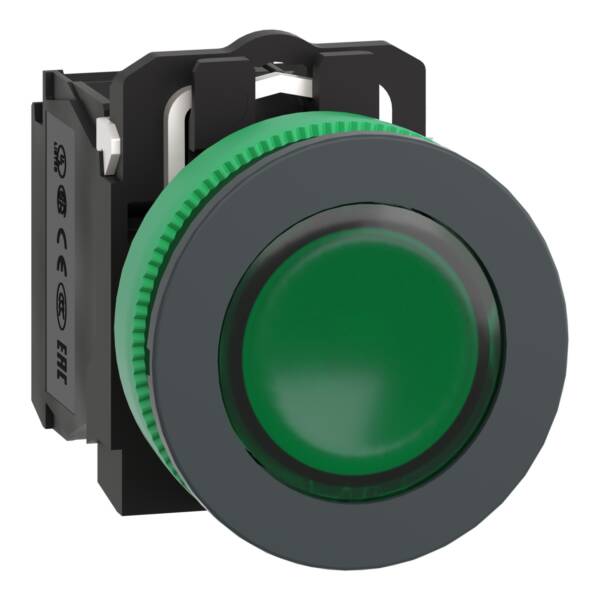 Illuminated push button, Harmony XB5, plastic, green, 30mm, universal LED, 1NO + 1NC, 230…240V AC - Schneider Electric - XB5FW33M5