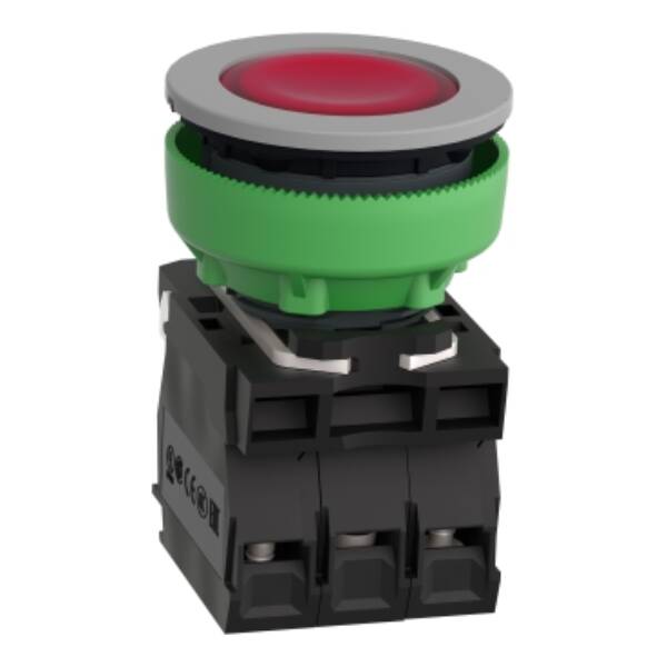 Illuminated push button, Harmony XB5,  grey bezel, red flush, 30mm, universal LED, 24V AC DC, 1NO + 1NC - Schneider Electric - XB5FW34B5C0
