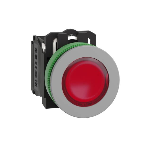 Illuminated push button, Harmony XB5, grey bezel, red flush mounted, 30mm, universal LED, 1NO + 1NC, 120V AC - Schneider Electric - XB5FW34G5C0