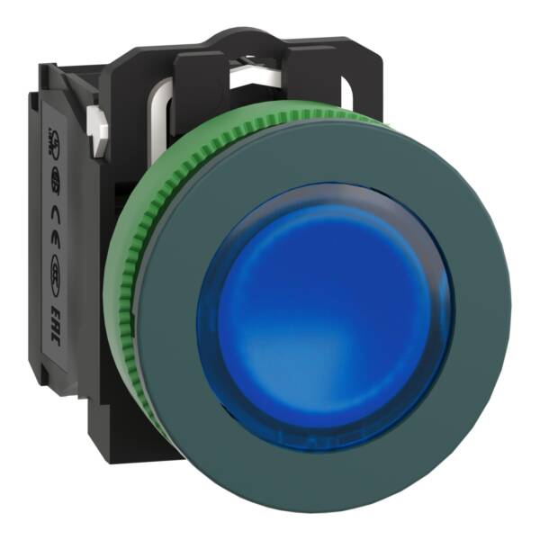 Illuminated push button, Harmony XB5,plastic, blue, 30mm, universal LED, 1NO + 1NC, 230…240V AC - Schneider Electric - XB5FW36M5