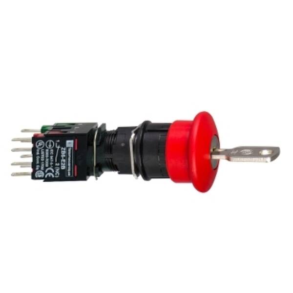 Complete emergency stop push button, Harmony XB6, red Ø 30 pushbutton Ø 16 trigger latching key release 1NO+2NC - Schneider Electric - XB6AS9349B