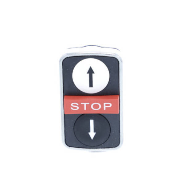Triple-headed push button head, metal, Ø22, 1 white flush UP ARROW + 1 red projecting STOP + 1 black flush DOWN ARROW - Schneider Electric - ZB4BA71124