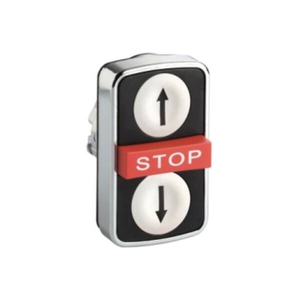 Triple-headed push button head, metal, Ø22, 1 white flush UP ARROW + 1 red projecting STOP + 1 black flush DOWN ARROW - Schneider Electric - ZB4BA71124