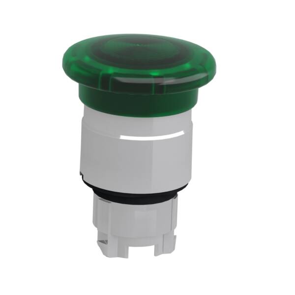 Head for illuminated push button, Harmony XB4, green mushroom 40mm, 22mm, latching, push-pull to release, universal LED, unmarked - Schneider Electric - ZB4BW633