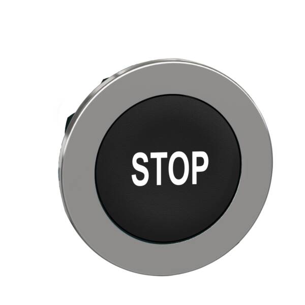 Head for non illuminated push button, Harmony XB4, flush mounted black flush caps pushbutton white marked "STOP" - Schneider Electric - ZB4FA234