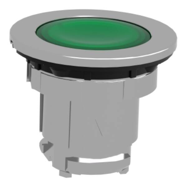 Head for illuminated push button, Harmony XB4, metal, green flush mounted, 30mm, universal LED, for legend of insertion - Schneider Electric - ZB4FA38