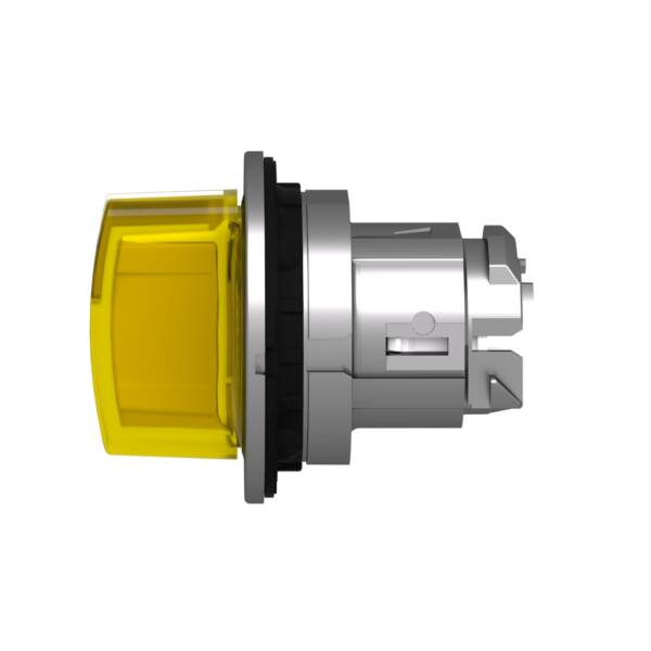 Head for illuminated selector switch, Harmony XB4, metal, yellow handle, 30mm, universal LED, 3 positions, left to center - Schneider Electric - ZB4FK1783