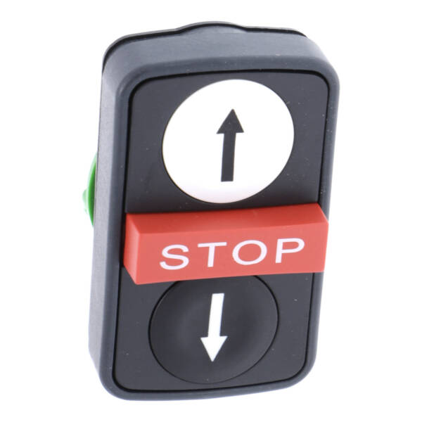 Triple-headed push button head, plastic, Ø22, 1 white flush UP ARROW + 1 red projecting STOP + 1 black flush DOWN ARROW - Schneider Electric - ZB5AA71124