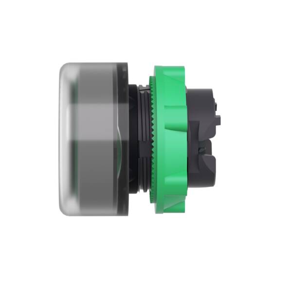 Head for illuminated push button, Harmony XB5, grey bezel, green flush, 22mm, universal LED, plain lens, clear boot - Schneider Electric - ZB5AW533C0