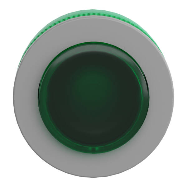 Head for illuminated push button, Harmony XB5, grey bezel, green projecting, 30mm, universal LED, push-push, unmarked - Schneider Electric - ZB5FH33C0