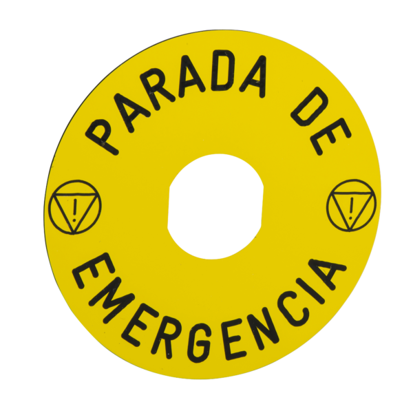 marked legend Ø90 for emergency stop -PARADA DE EMERGENCIA/logo ISO13850 - Schneider Electric - ZBY8430