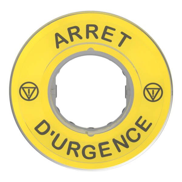 Harmony XB4, Legend holder Ø60 for emergency stop, plastic, yellow, marked ARRET D'URGENCE - Schneider Electric - ZBY9120