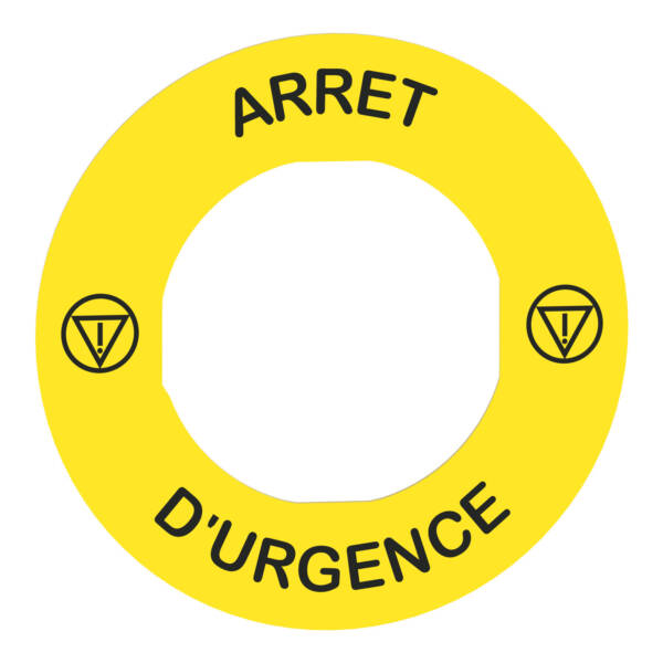 Legend holder Ø60 for emergency stop, plastic, yellow, for padlocking, marked ARRET D'URGENCE - Schneider Electric - ZBY9130T