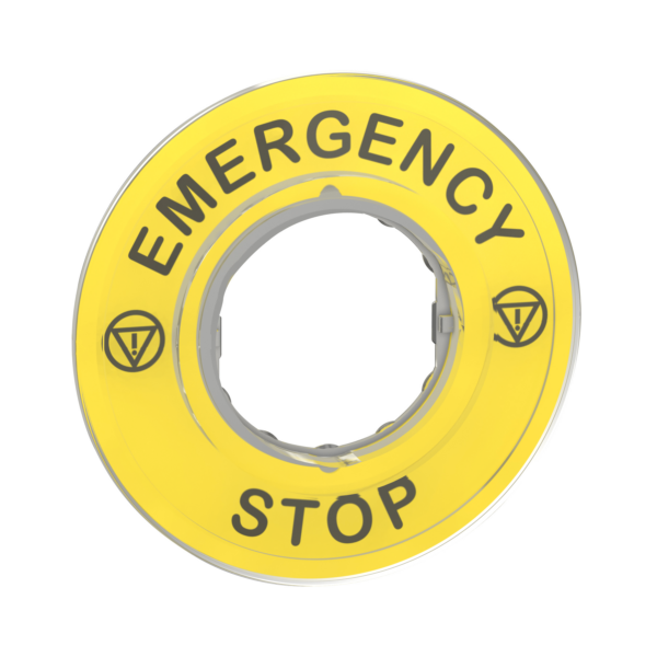 Harmony XB4, Legend holder Ø60 for emergency stop, plastic, yellow, marked EMERGENCY STOP - Schneider Electric - ZBY9320