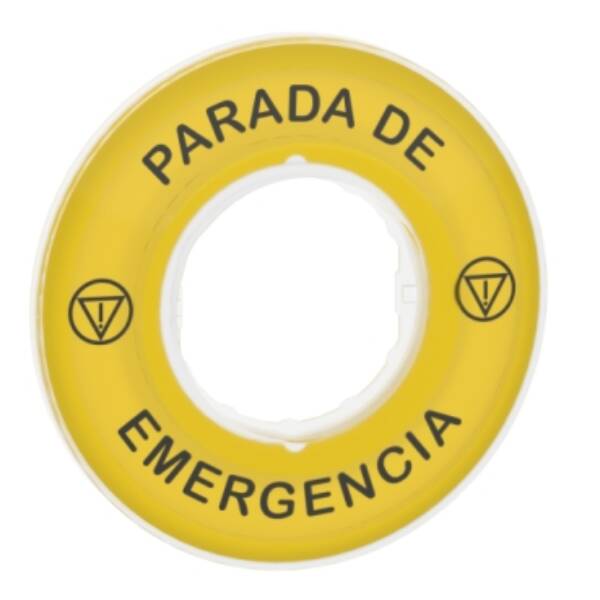Harmony XB4, Legend, plastic, yellow, Ø90, for emergency stop, marked PARADA DE EMERGENCIA with logo ISO13851 - Schneider Electric - ZBY9420
