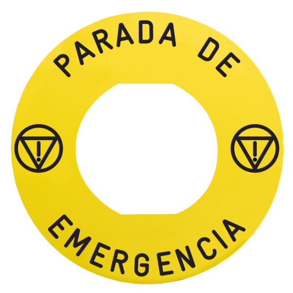 Marked legend, Harmony XB5, Harmony XB4, Ø 60 for emergency stop, PARADA DE EMERGENCIA/logo ISO13850 - Schneider Electric - ZBY9430M