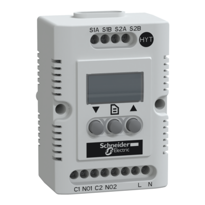 Climasys CC - electronic hygrotherm - 95 ...135V - temp -40…80°C - Hr 20…80% - Schneider Electric - NSYCCOHYT120VID