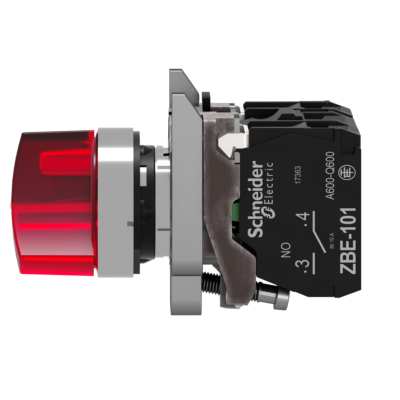 Illuminated selector switch, Harmony XB4, metal, red handle, 22mm, universal LED, 2 positions, 1NO + 1NC, 230...240V AC - Schneider Electric - XB4BK124M5