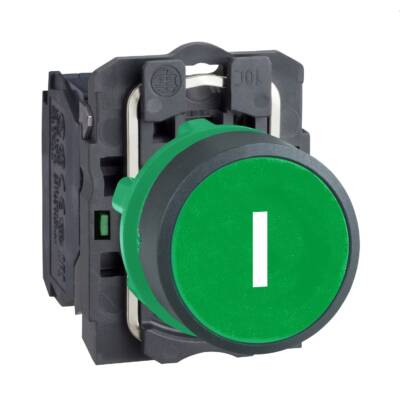 Harmony XB5, Push button, plastic, flush, green, Ø22, spring return, marked I, 1 NO - Schneider Electric - XB5AA3311