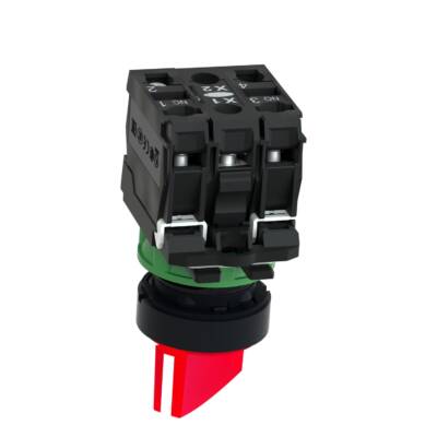 Illuminated selector switch, Harmony XB5, grey plastic, red handle, 22mm, universal LED, 2 positions, 1NO + 1NC, 230...240V AC - Schneider Electric - XB5AK124M5