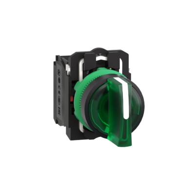 Illuminated selector switch, Harmony XB5, grey plastic, green handle, 22mm, 3 positions, universal LED, 1NO + 1NC, 24V AC DC - Schneider Electric - XB5AK133B5