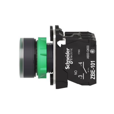 Illuminated push button, Harmony XB5, plastic, flush, green, 22mm, universal LED, plain lens, 1NO + 1NC, 110...120V AC - Schneider Electric - XB5AW33G5