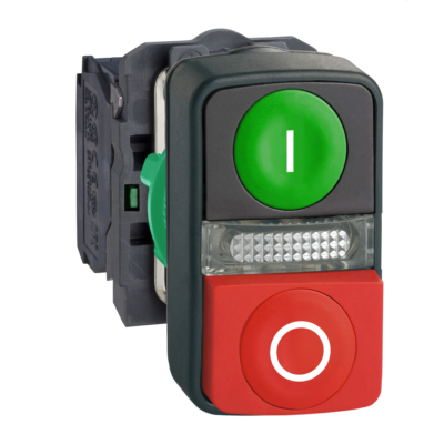 Illuminated double-headed push button, plastic, Ø22, 1 green flush I + 1 pilot light + 1 red projecting O, 1 NO + 1 NC - Schneider Electric - XB5AW73731B5