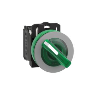 Illuminated selector switch, Harmony XB5, universal LED, grey bezel, green flush mounted, 30mm, 2 positions, stay put, 1NO + 1NC, 230V AC - Schneider Electric - XB5FK123M5C0