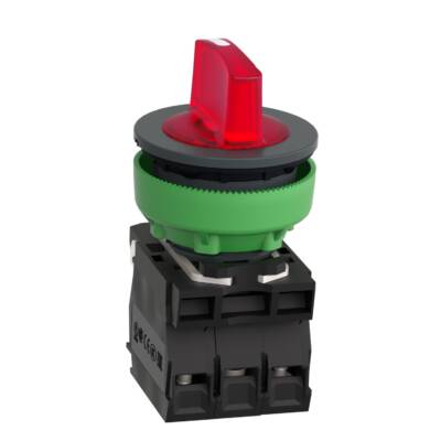 Illuminated selector switch, Harmony XB5, grey plastic, red handle, 30mm, universal LED, 3 positions, 1NO + 1NC, 24V AC DC - Schneider Electric - XB5FK134B5