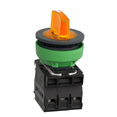 Illuminated selector switch, Harmony XB5, grey plastic, orange handle, 30mm, universal LED, 3 positions, 1NO + 1NC, 24V AC DC - Schneider Electric - XB5FK135B5