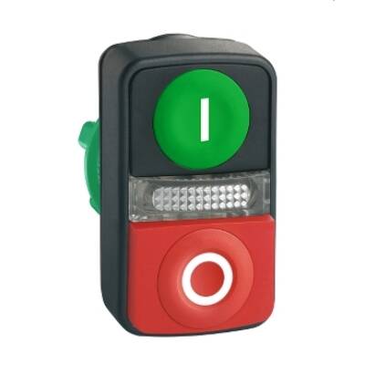 Illuminated double-headed push button head, plastic, Ø22, 1 green flush I + 1 pilot light + 1 red projecting O - Schneider Electric - ZB5AW7L3741