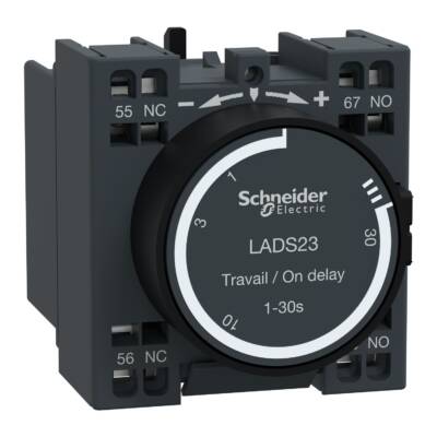 Time delay auxiliary contact block, TeSys D, 1NO + 1NC, on delay 1-30s, front, spring terminals - Schneider Electric - LADS23