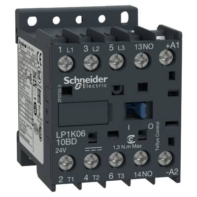 TeSys K contactor - 3P - AC-3 <= 440 V 6 A - 1 NO aux. - 24 V DC coil - Schneider Electric - LP1K0610BD