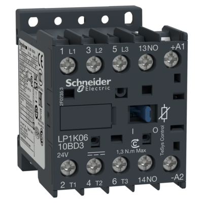 TeSys K contactor - 3P - AC-3 <= 440 V 12 A - 1 NO aux. - 24 V DC coil - Schneider Electric - LP1K1210BD3