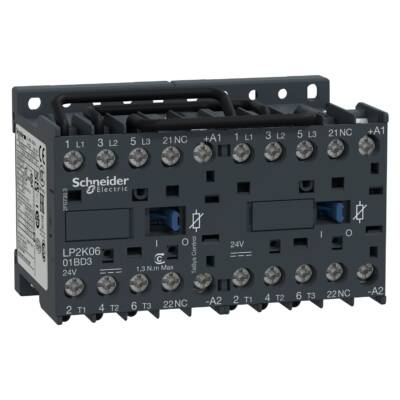 TeSys K reversing contactor - 3P - AC-3 <= 440 V 6 A - 1 NC - 24 V DC coil - Schneider Electric - LP2K0601BD3