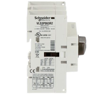 Disconnect switch, TeSys VLS, body switch, 60A, 40HP at 480VAC, UL98, three phase, 50kA SCCR, size 2, DIN rail mount - Schneider Electric - VLS3P063R2