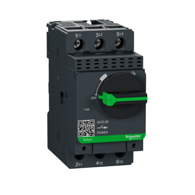 Motor circuit breaker, TeSys GV2, 3P, 1.6 A, magnetic, rotary handle, screw clamp terminals - Schneider Electric - GV2L06