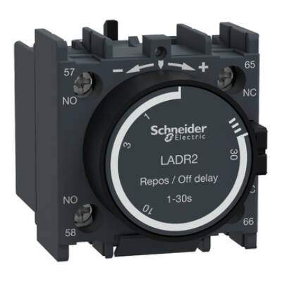 Time delay auxiliary contact block, TeSys Deca, 1NO+1NC, off delay 1-30s, front, screw clamp terminals - Schneider Electric - LADR2