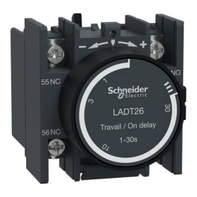 Time delay auxiliary contact block, TeSys D, 1NO + 1NC, on delay 1-30s, front, lugs-ring terminals - Schneider Electric - LADT26