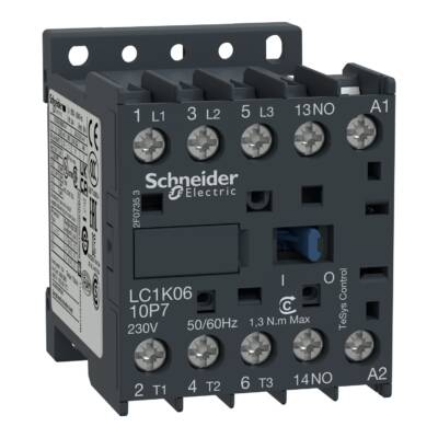 TeSys K contactor - 3P - AC-3 <= 440 V 6 A - 1 NO aux. - 220...230 V AC coil - Schneider Electric - LC1K0610M7