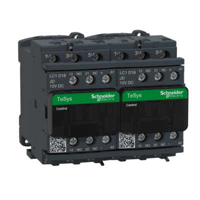 TeSys D reversing contactor - 3P(3 NO) - AC-3 - <= 440 V 18 A - 12 V DC coil - Schneider Electric - LC2D18JD