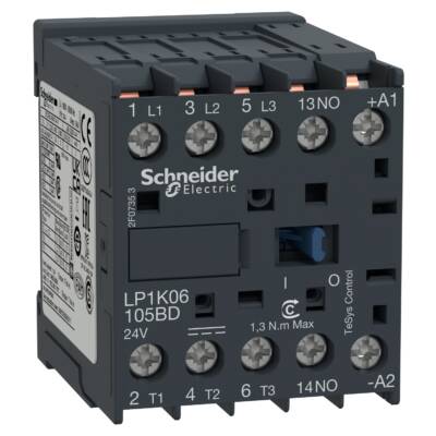 TeSys K contactor - 3P - AC-3 <= 440 V 6 A - 1 NO aux. - 24 V DC coil - Schneider Electric - LP1K06105BD