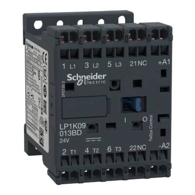 TeSys K contactor - 3P - AC-3 <= 440 V 9 A - 1 NC aux. - 24 V DC coil - Schneider Electric - LP1K09013BD