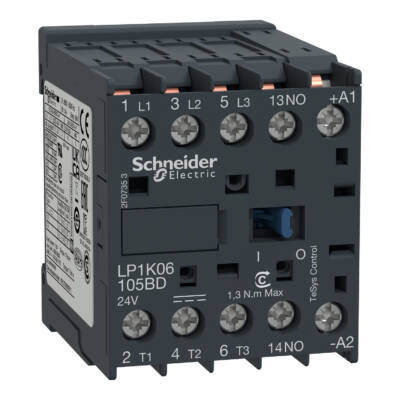 TeSys K contactor - 3P - AC-3 <= 440 V 9 A - 1 NO aux. - 24 V DC coil - Schneider Electric - LP1K09105BD