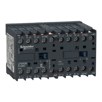 TeSys K reversing contactor - 3P - AC-3 <= 440 V 6 A - 1 NC - 24 V DC coil - Schneider Electric - LP2K06015BD