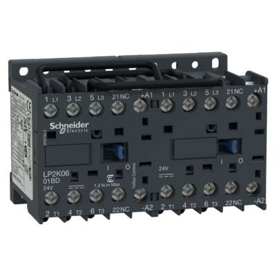 TeSys K reversing contactor - 3P - AC-3 <= 440 V 6 A - 1 NC - 24 V DC coil - Schneider Electric - LP2K0601BD